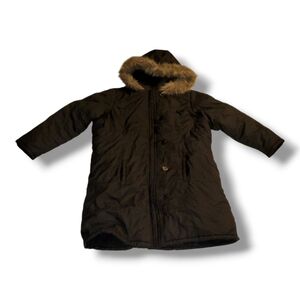 Outer Edge Black Hooded Puffer Coat with Faux Fur Trim